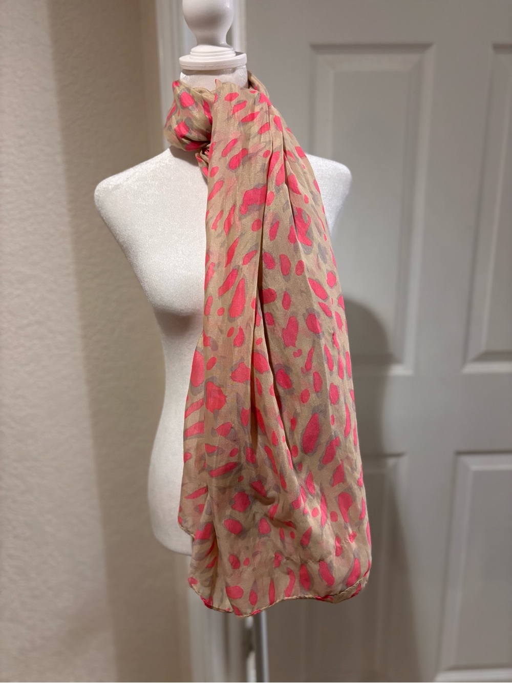 Neutral Beige Scarf with Pink Spot Print